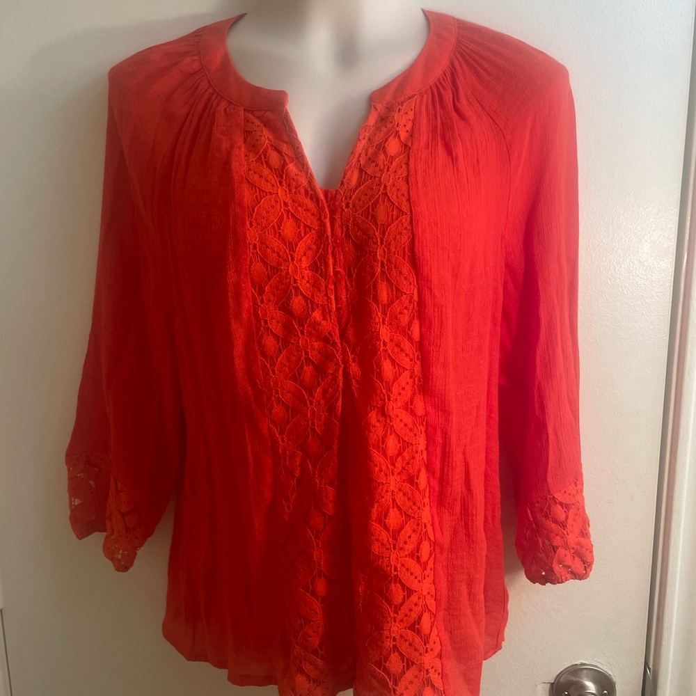new directions Bright Orange Lace-Front Peasant Tunic